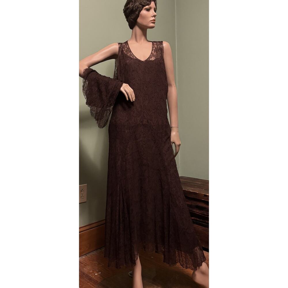 Vintage 1930s Brown Floral Lace Sleeveless Maxi GOWN w/Shawl and Full Silk Slip - Picture 2 of 8